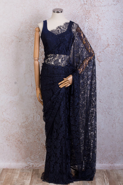 Blue Haze French Chantilly Lace Saree With Hand Embroidered Blouse –  Talking Threads