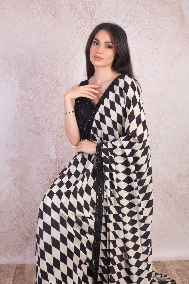 Crepe print saree, embd blouse M9_65