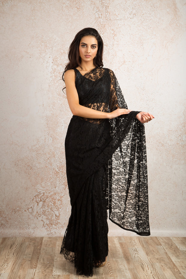 Black Lace Work Faux Georgette Classic Designer Saree | Black saree blouse  designs, Lace saree blouse, Black saree blouse