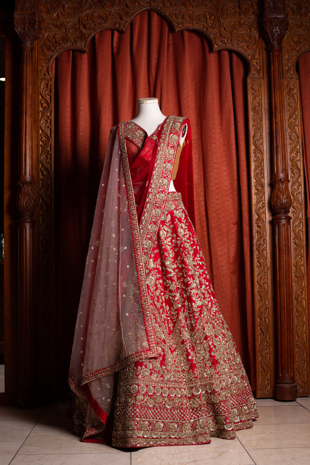 Red Silk Heavy Embroidered Bridal Wear Lehenga Blouse With 2 Dupatta -  FASHION BAZAR 365