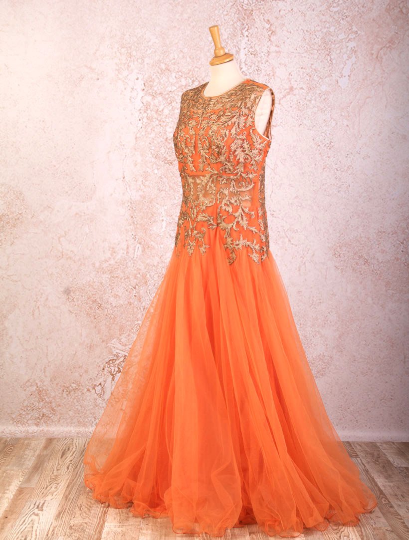orange net dress for women Orange Net Hand Embroidered Gown Design by Kanchi Khurana Couture at Pernia's Pop Up Shop 2026