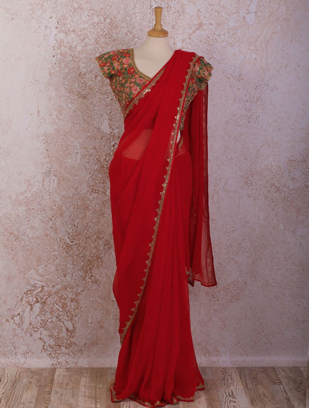 Sequin saree - floral blouse - Variety Silk House Ltd
